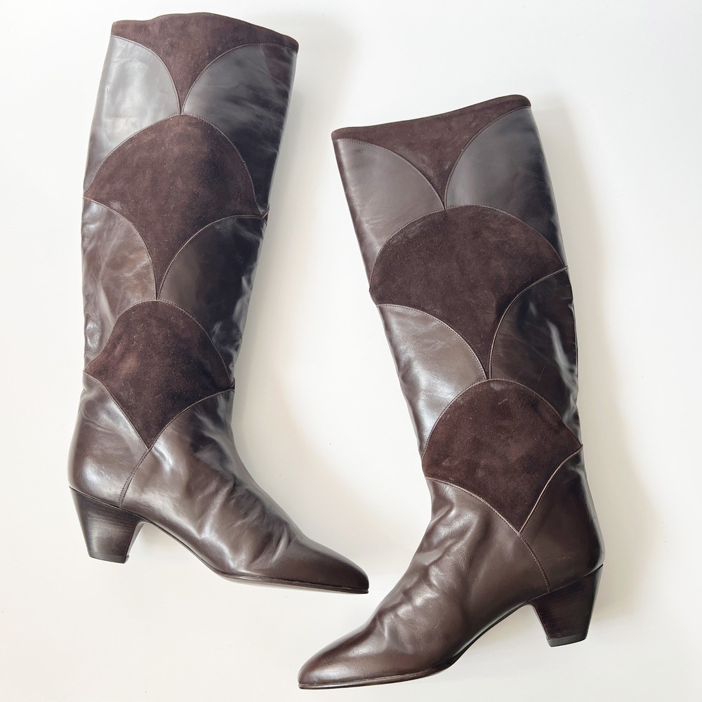 Vintage Knee High Boots Brown Patchwork Leather Suede Tall Low Heel Size 6 Italy